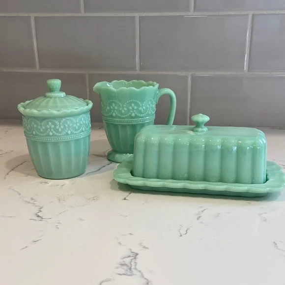 Pioneer Woman Mint Green Glass Butter Dish Creamer Sugar Set - Picture 1 of 16